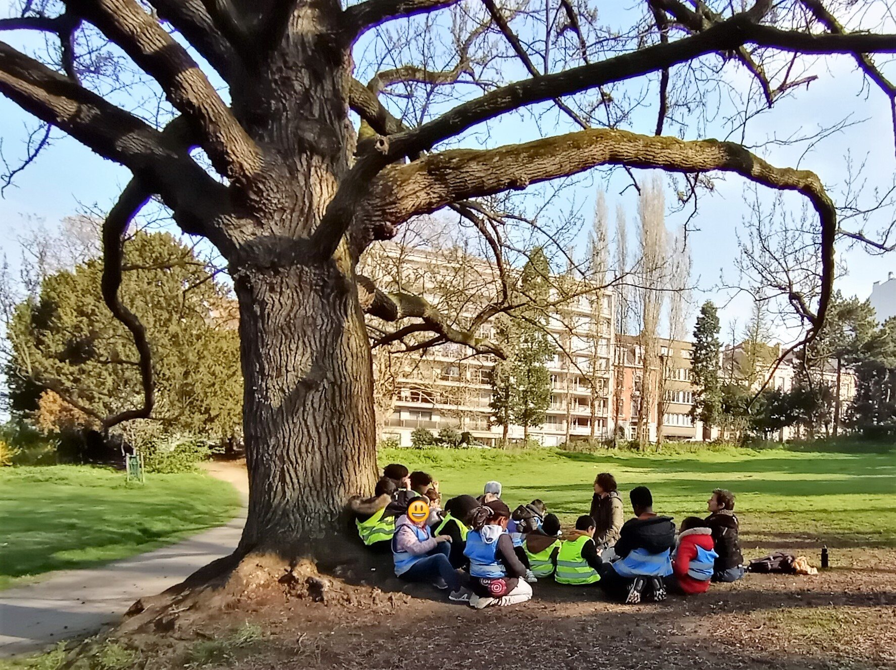 Enfants assis au pied d'un arbre